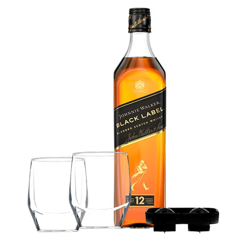 Combo Whisky Johnnie Walker Black Label 1L + 2 Copos Vidro Baixo Jw + 1 Forma de Gelo The Bar